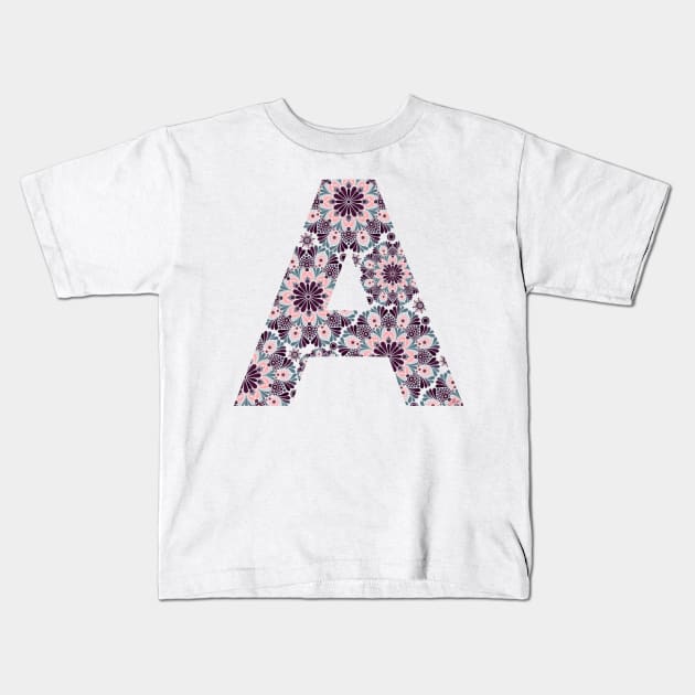 Dark Floral Mandala Capital Letter A Grey Kids T-Shirt by Shaseldine